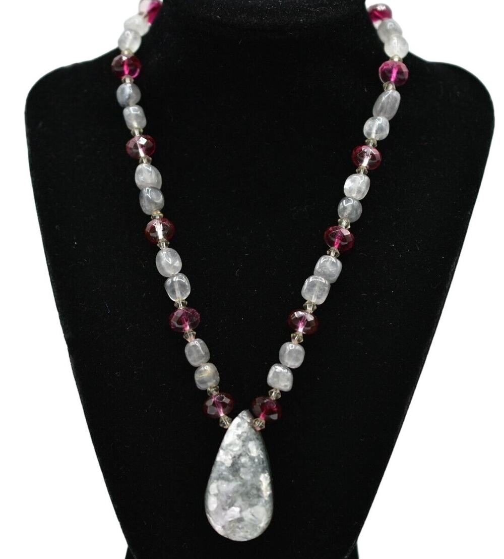 Vintage Stone Geode Beaded Necklace Gray Crystal Red Chunky Chain BinA